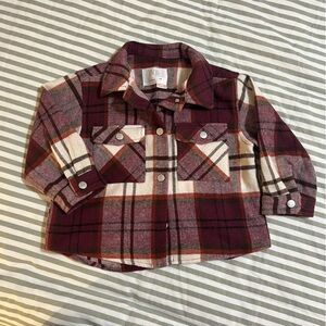 Zara Kids Burgundy and Cream Plaid Button Down Shaket